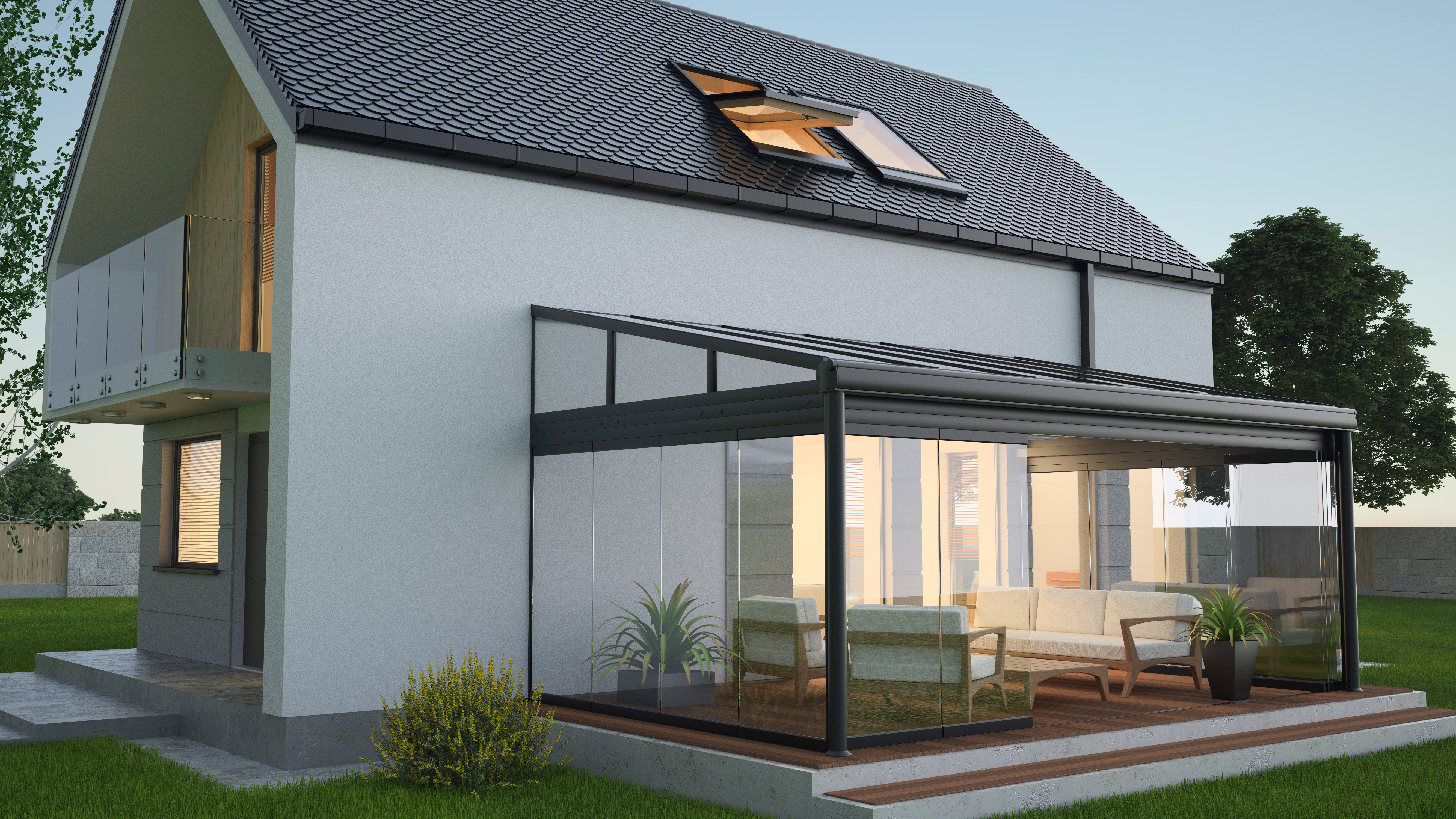 Eine Terrassenüberdachung mit Lamellendach steht über einer Sofaecke auf der Terrasse. Kontaktieren Sie jetzt Ihre Terrassenüberdachungs Firma.